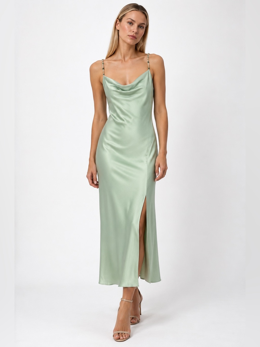 Jason Wu Satin Cowl Neck Slip Dress in Sage Green